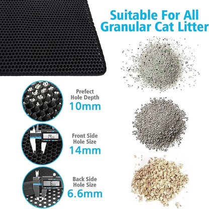 Cat litter mat with specifications on a black background.