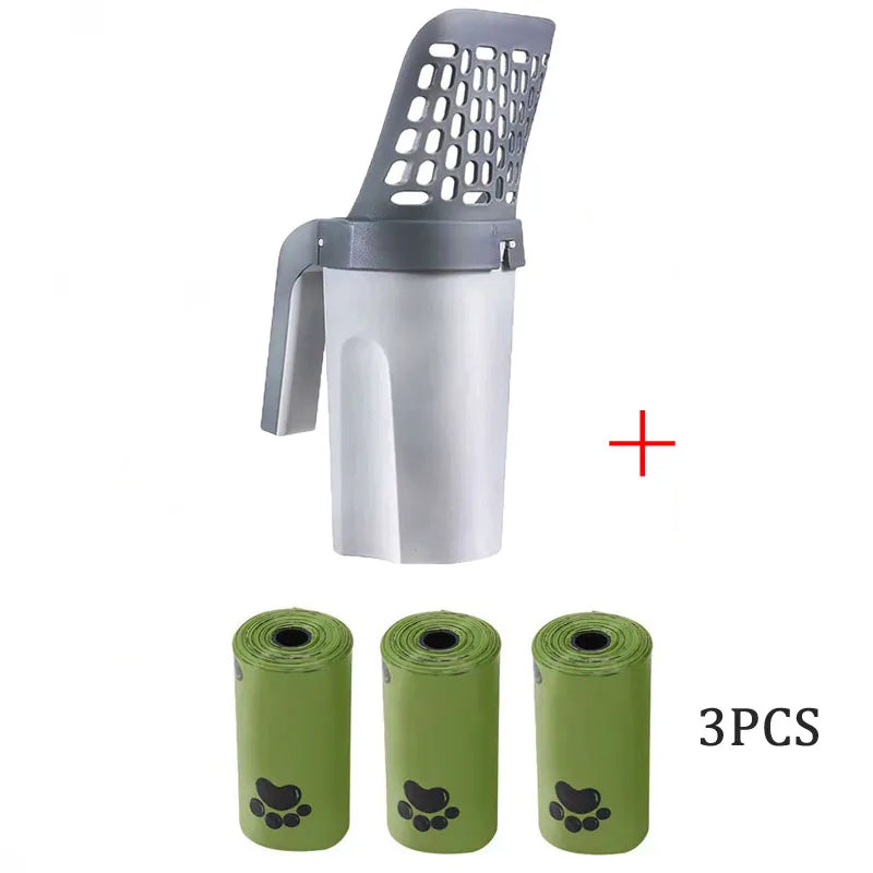 Cat litter scoop with holder with 3 rolls of green waste bags displayed on a white background. 