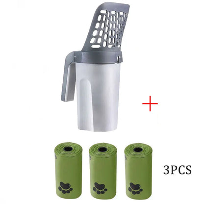 Cat litter scoop with holder with 3 rolls of green waste bags displayed on a white background. 