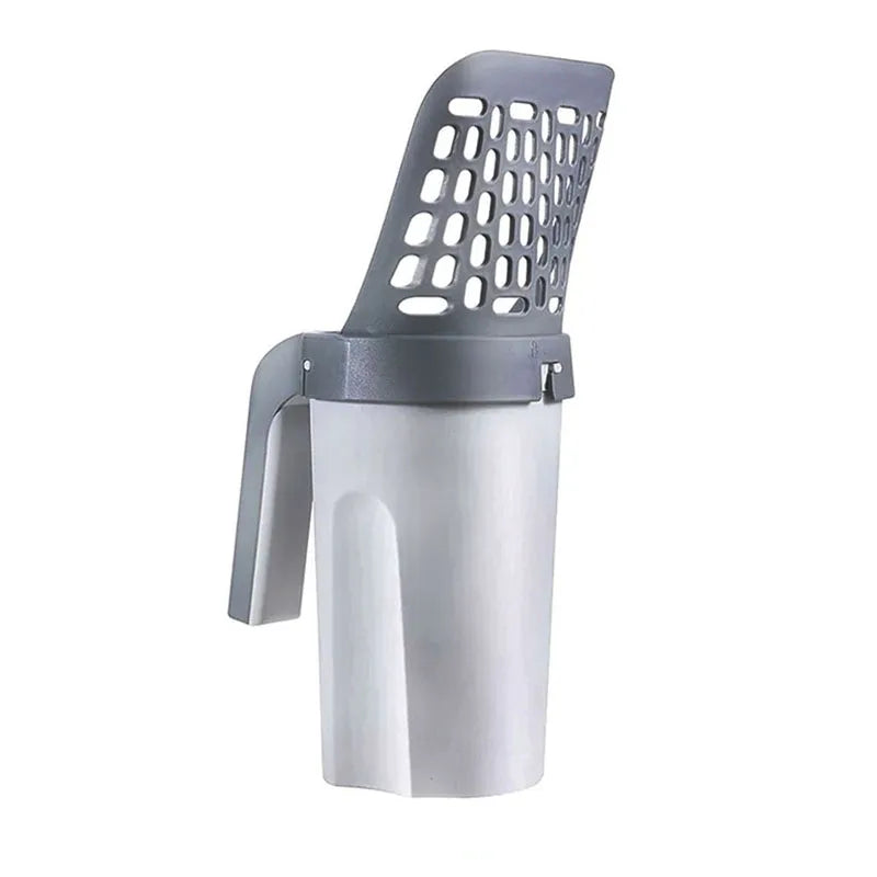 Grey and white plastic cat litter scoop with detachable holder on a white background.