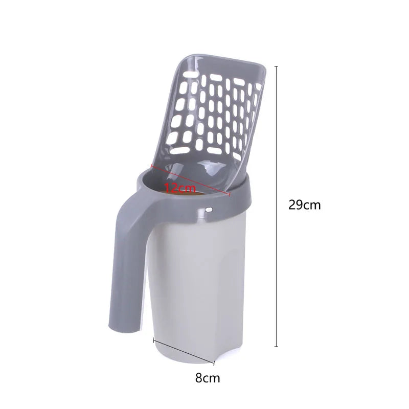 White and grey cat litter scoop with holder with its measurements displayed on a white background. 