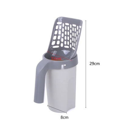 White and grey cat litter scoop with holder with its measurements displayed on a white background. 