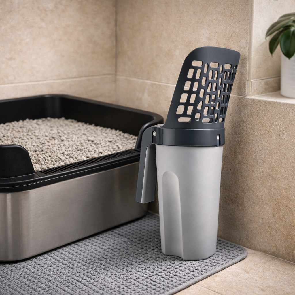 Cat litter box with a scoop next to it on a tiled floor.