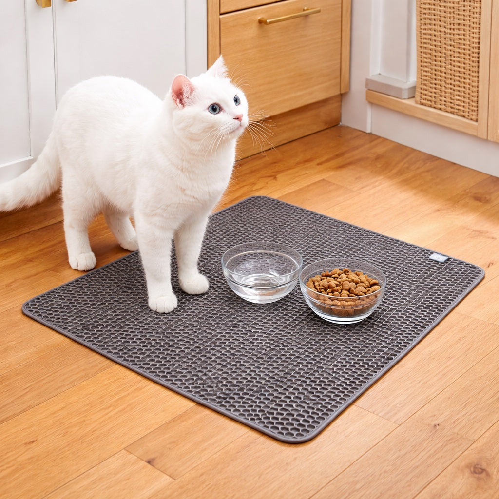 White cat standing on a mat with two bowls, one with water and one with food, in a kitchen setting.