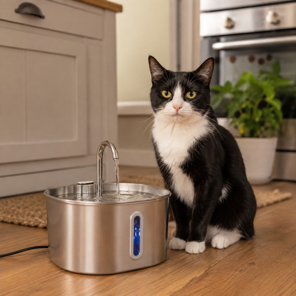 A black and white cat sits on a wooden kitchen floor next to a stainless steel pet water fountain with water flowing from the spout.
