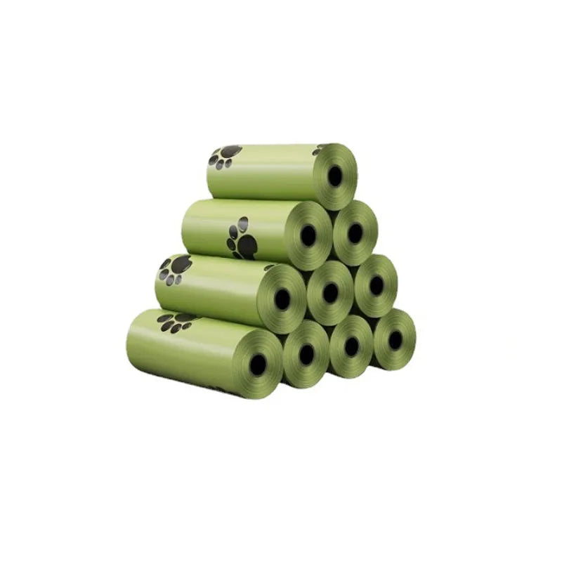 Set of ten rolls of green plastic bags with paw prints.