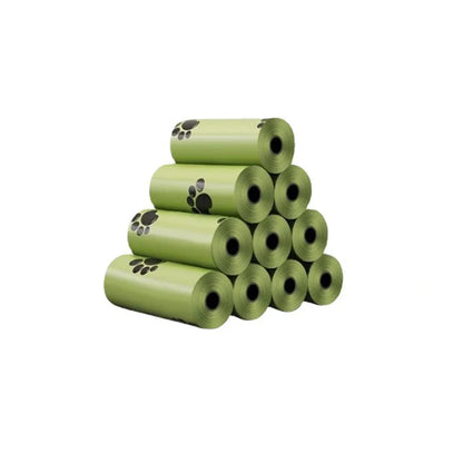 Set of ten rolls of green plastic bags with paw prints.