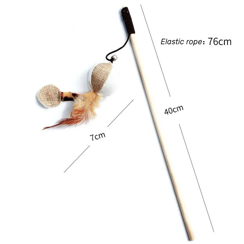 Interactive wand for cats with wooden handle and feather toy attachment - teaser playing stick for cats
