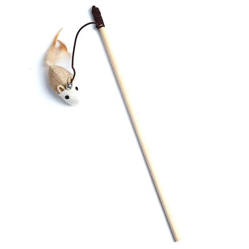 Interactive cat wand toy with wooden handle and feather mouse attachment - teaser playing stick for cats