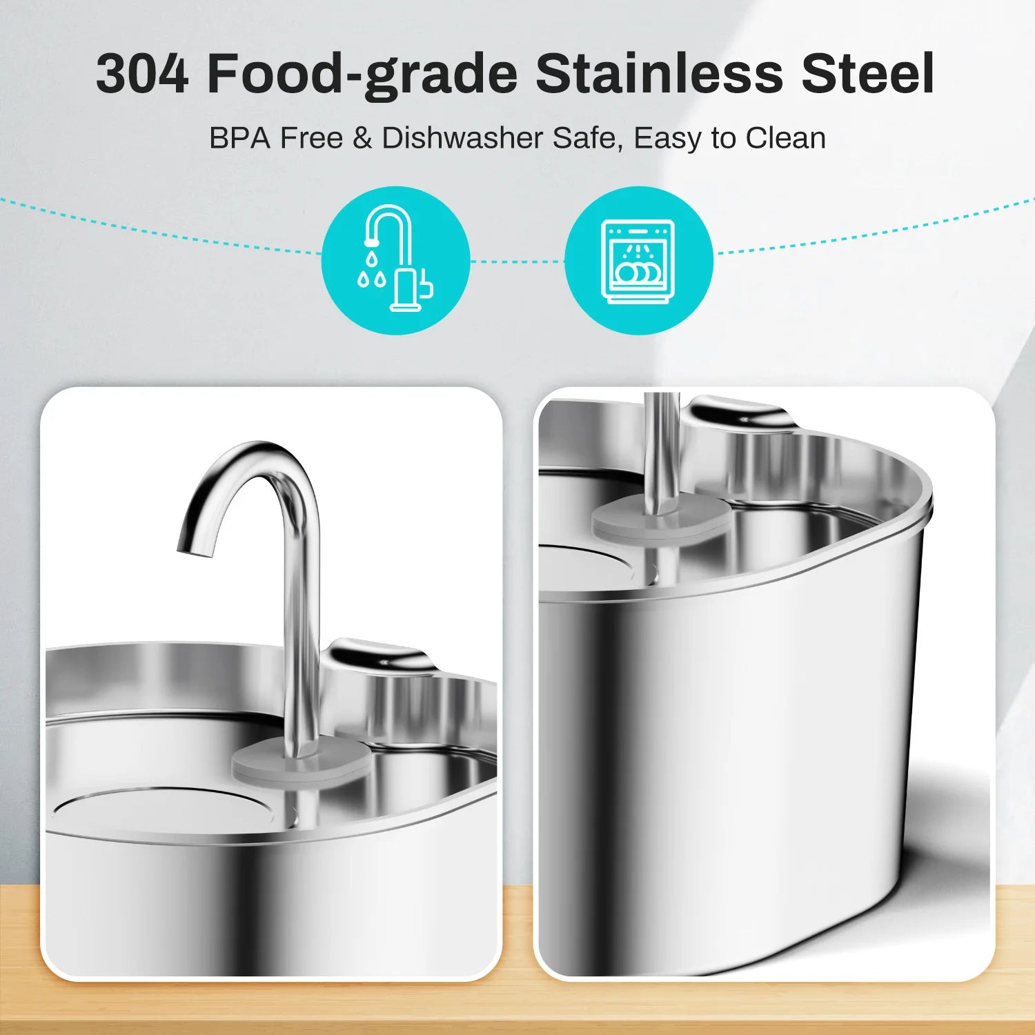 Stainless steel pet water fountain with features highlighted on a light grey background.