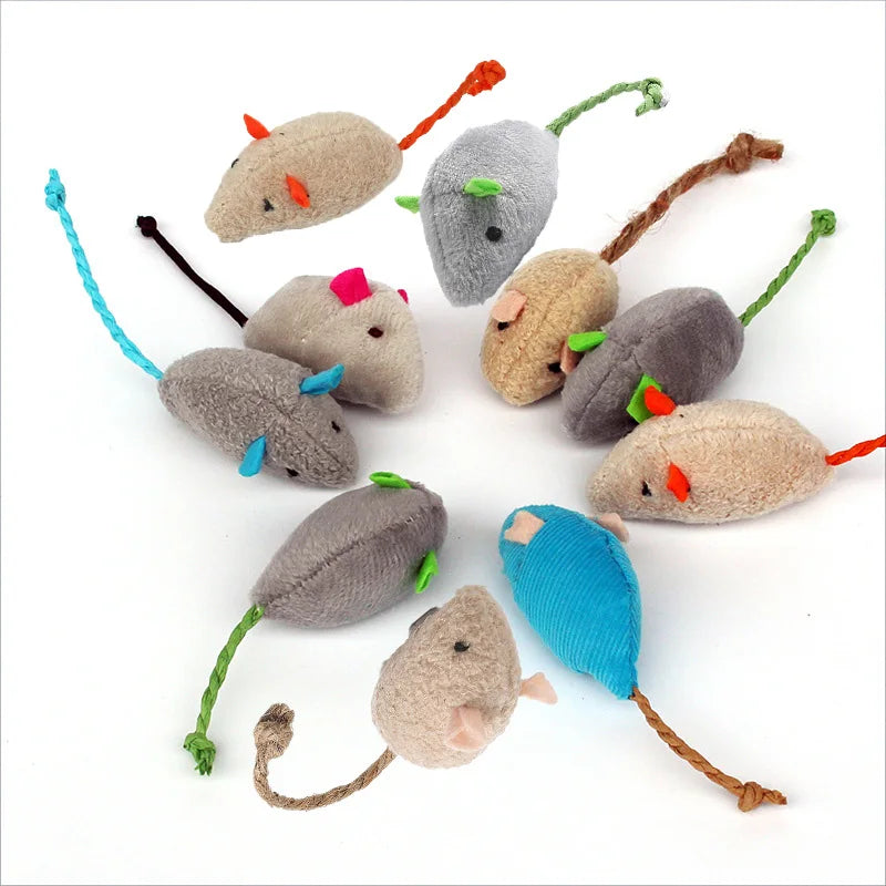 Set of ten colourful catnip mice toys for cats on a white background
