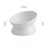 White ceramic elevated cat bowl displayed on a white background with measurements.