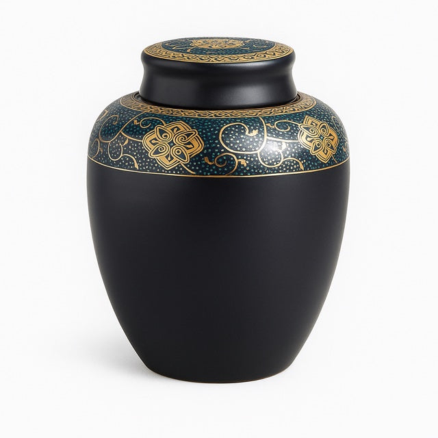 Ceramic black urn for pet ashes with a decorative motive. A beautiful keepsake to keep your pet close.
