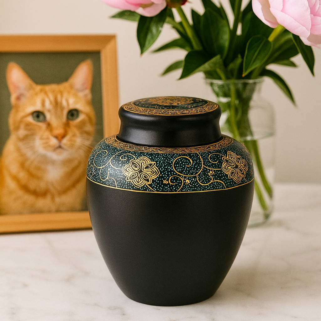 Front view of a black ceramic urn for pet ashes placed on a marble top with flowers and a framed photo of a cat in the background.

