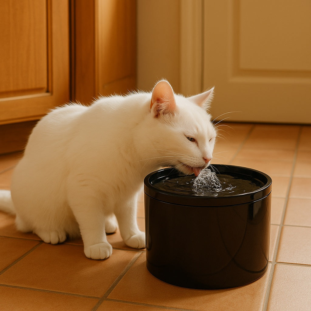 White cat drinking water from a black pet fountain on a tiled floor.