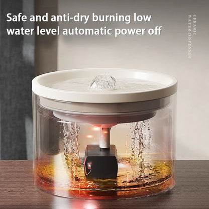 Ceramic water dispenser with water flowing and text indicating safety features.