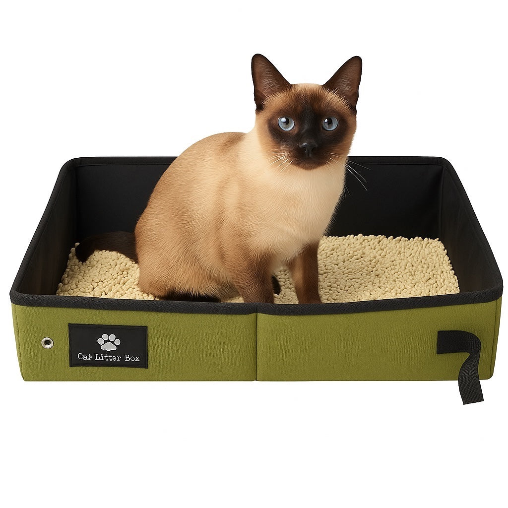 Collapsible portable green waterproof cat litter box filled with natural litter, displayed on a white background with a  Siamese cat sitting inside.