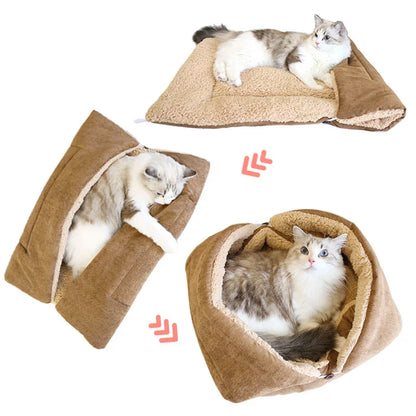 Cosy cat bed displayed with its 3 variants; as an enclosed bed, a cave they can burrow and a blanket.