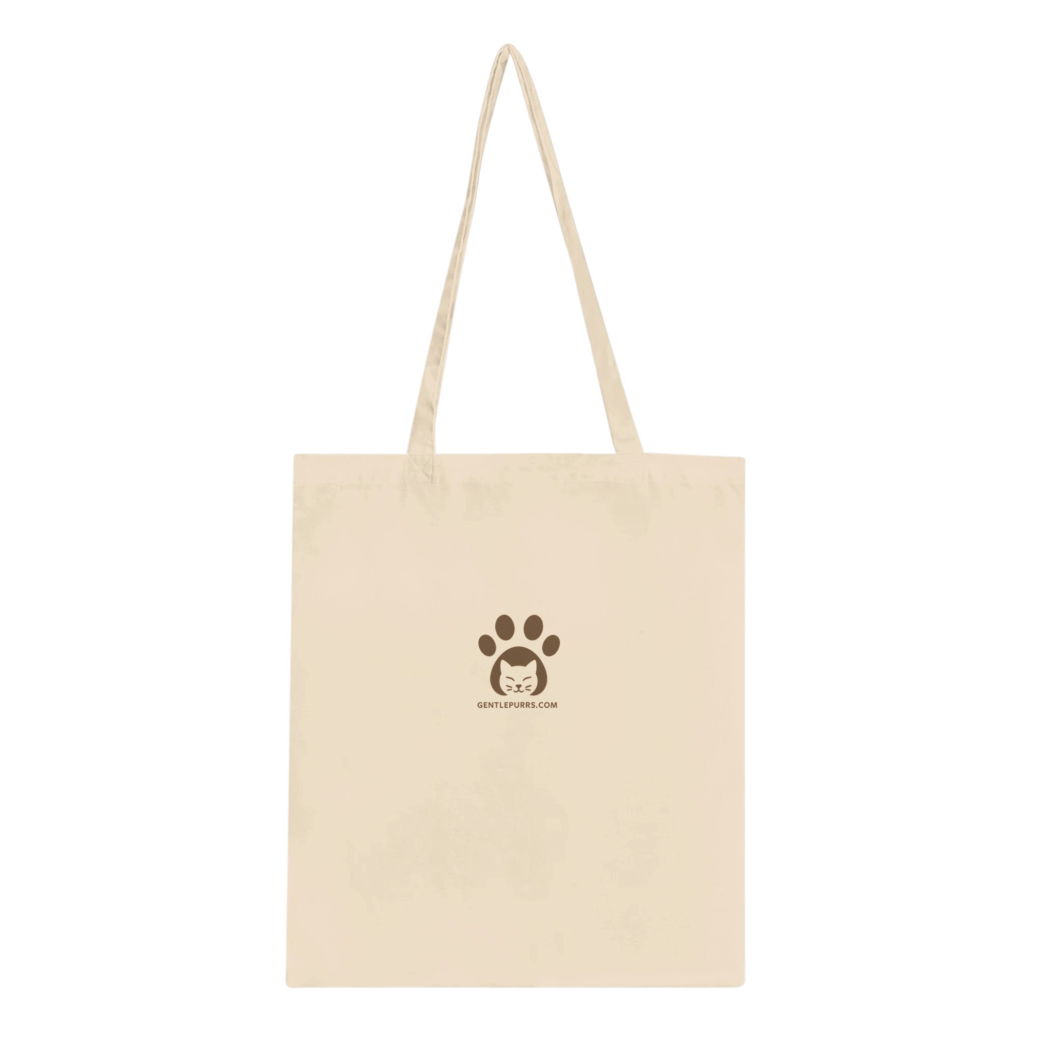 White cotton tote bag with a Gentle Purrs logo displayed on a white background.