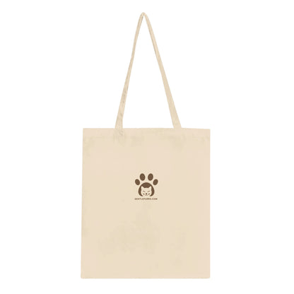 White cotton tote bag with a Gentle Purrs logo displayed on a white background.