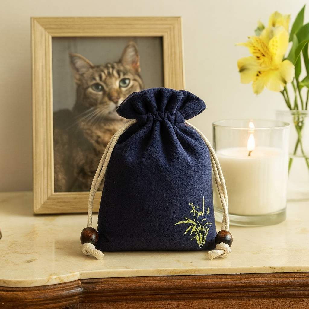 Dark blue pouch for pet ashes displayed on a marble table along with a candle and a framed photo of a tabby. cat.