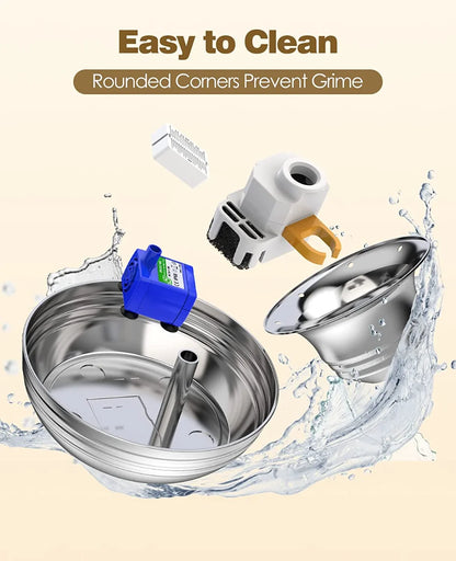 Stainless steel water fountain with water splashes and text &