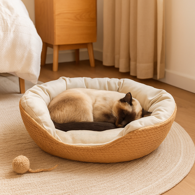 Eco-friendly cat bed  made of a natural sustainable cord placed in bedroom with a Siamese cat sleeping inside.