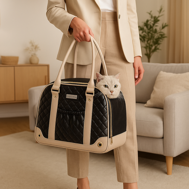 Woman holding an elegant quilted black leather pet carrier in a cozy living room.