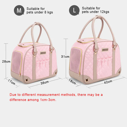 Two pink pet carriers with measurements and suitability for pets indicated.