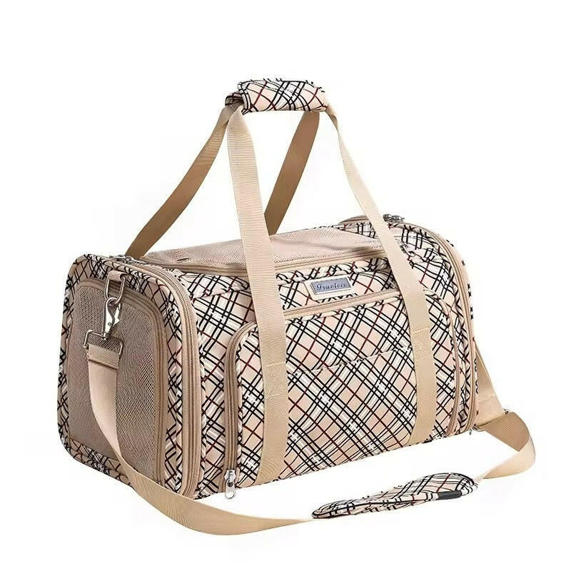 Pet carrier with plaid pattern and beige straps on a white background