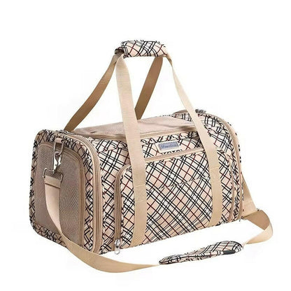 Pet carrier with plaid pattern and beige straps on a white background