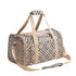 Pet carrier with plaid pattern and beige straps on a white background