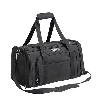 Black pet carrier bag with a visible brand logo on a white background