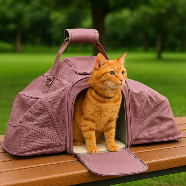 Orange cat inside a pink pet carrier on a wooden bench with a green outdoor background