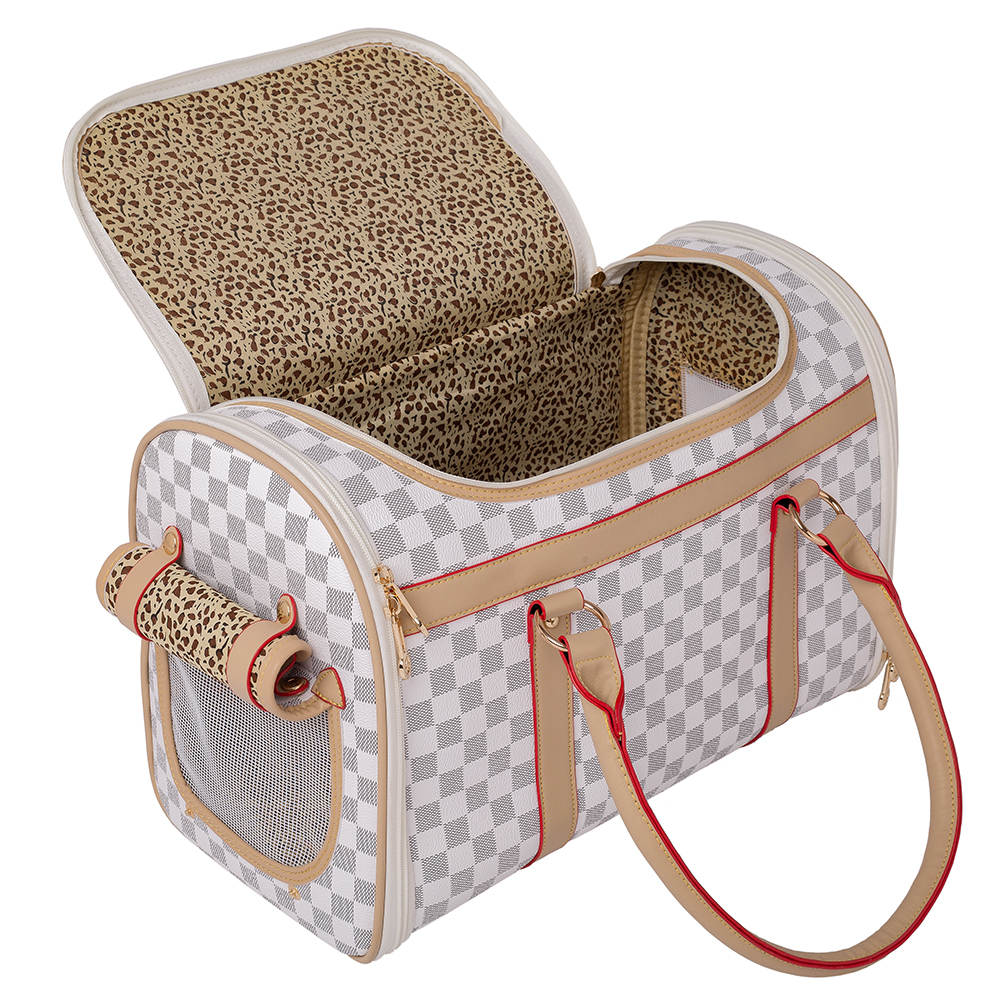 Pet carrier with checkered pattern and leopard print interior on a white background