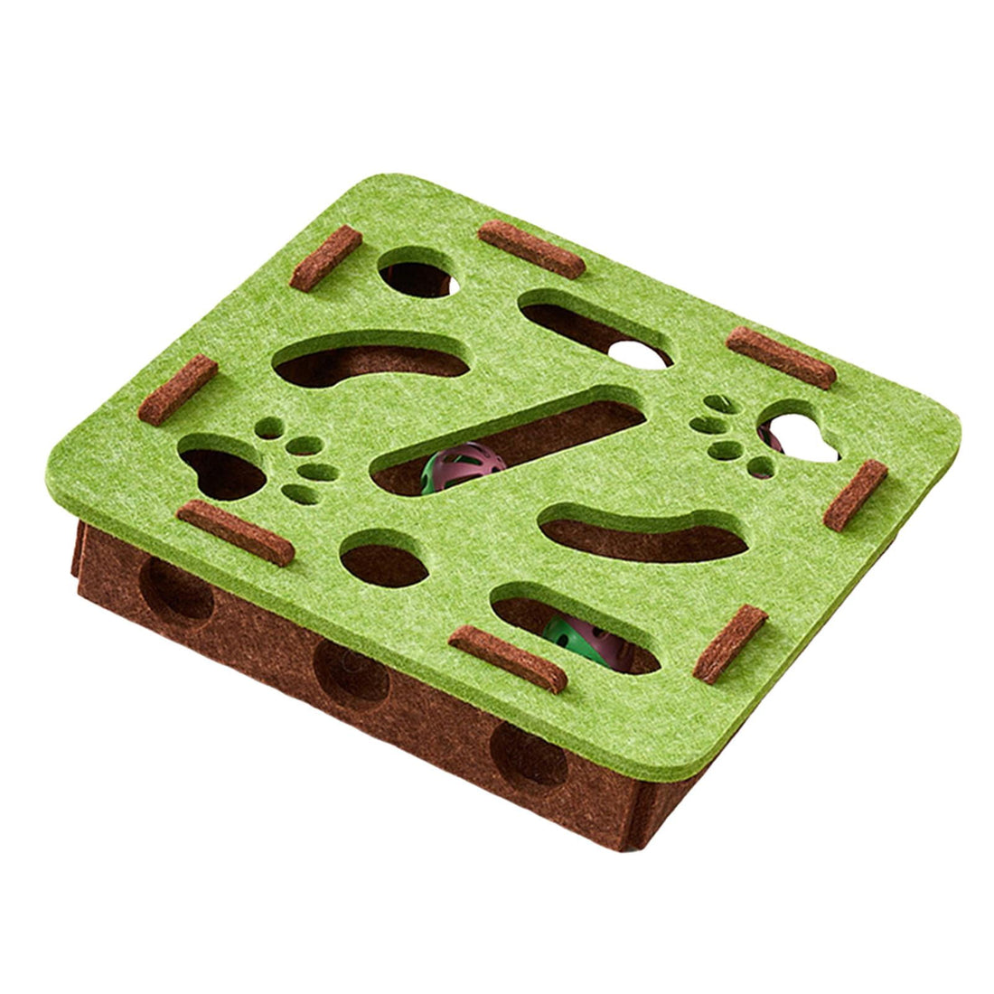 Green and brown felt puzzle box with multiple holes and openings of various sizes for cats to reach through and play with toys inside. The interactive maze toy has paw print cutouts and slots designed to stimulate cats&