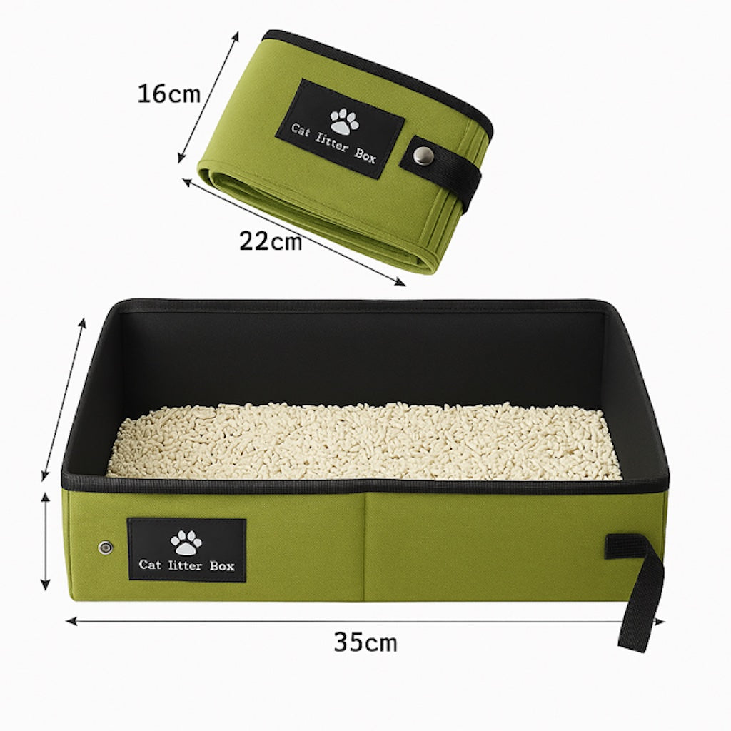 Green portable cat litter box with measurements, shown  folded and open filled with litter.