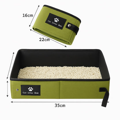 Green portable cat litter box with measurements, shown  folded and open filled with litter.