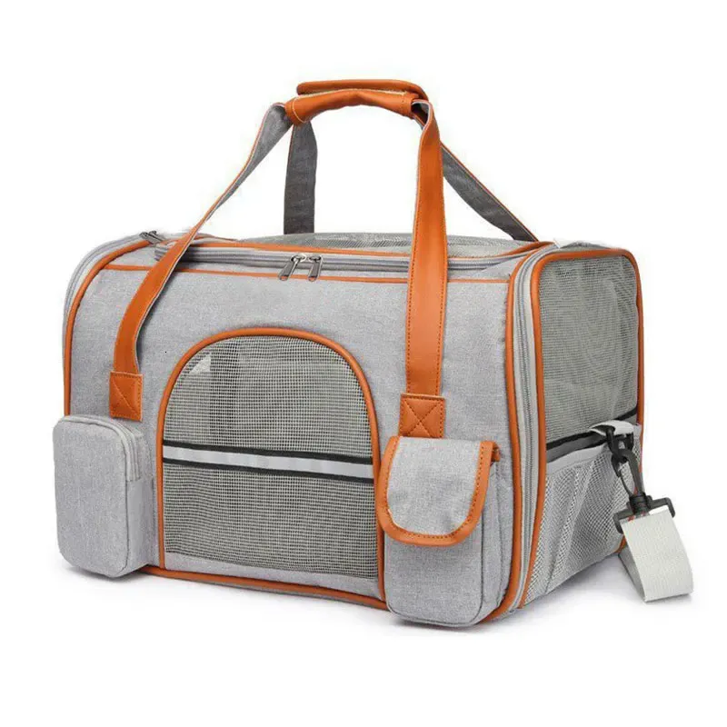 Grey foldable pet carrier with mesh windows in light grey displayed on a white background.