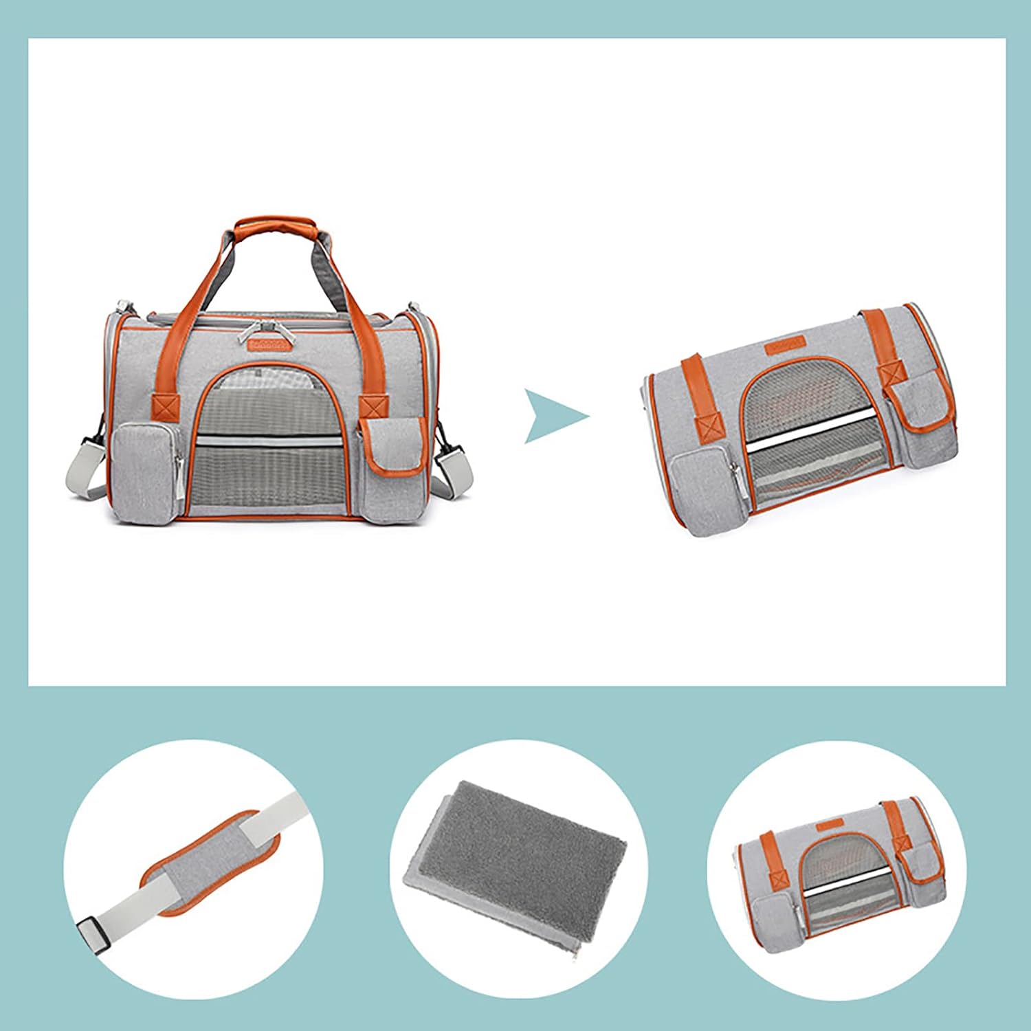 Foldable pet carrier showing transformation from expanded carrier to folded up, with detail shots of shoulder strap, removable mat, and folded carrier.