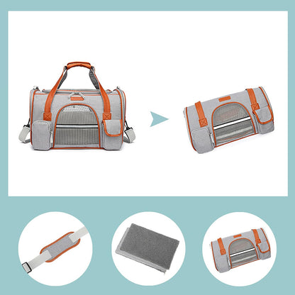 Foldable pet carrier showing transformation from expanded carrier to folded up, with detail shots of shoulder strap, removable mat, and folded carrier.