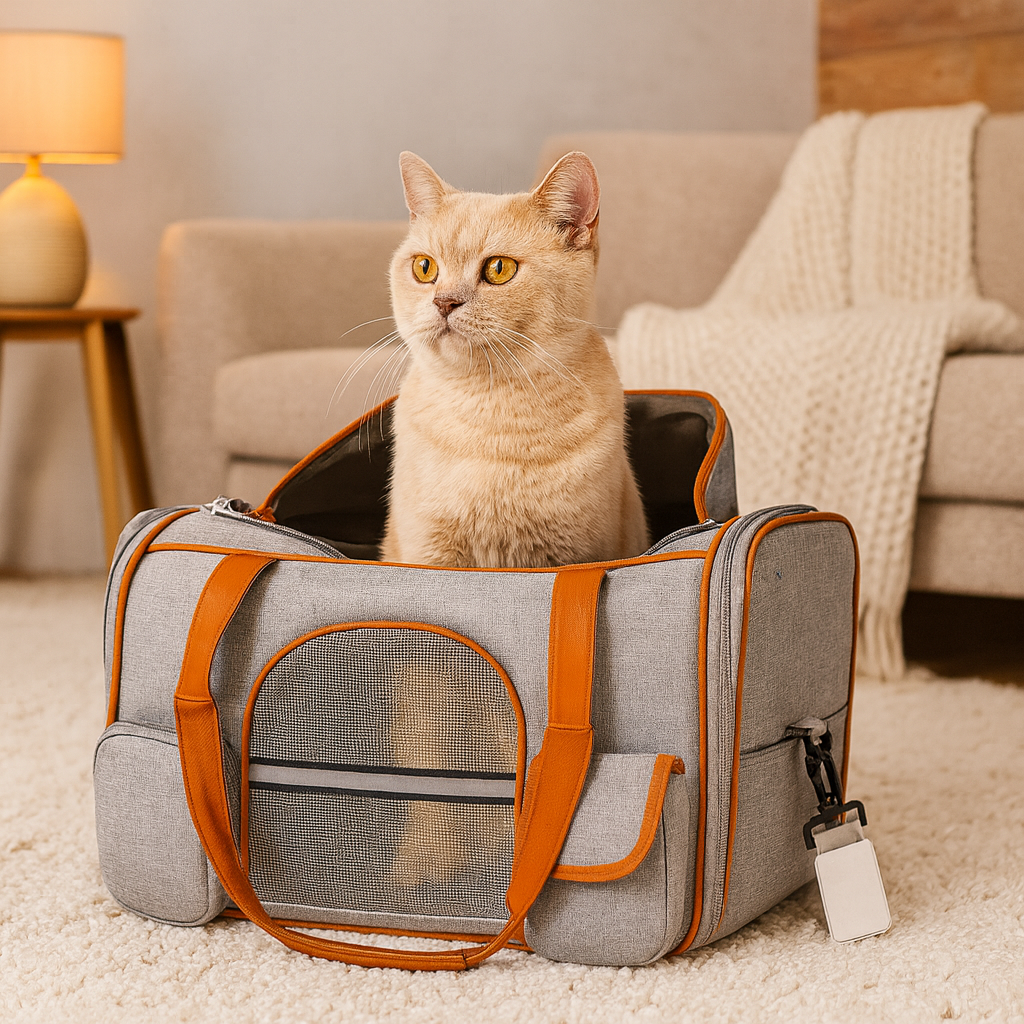 Beige cat sitting inside the beige foldable pet cattier in a cozy living room.