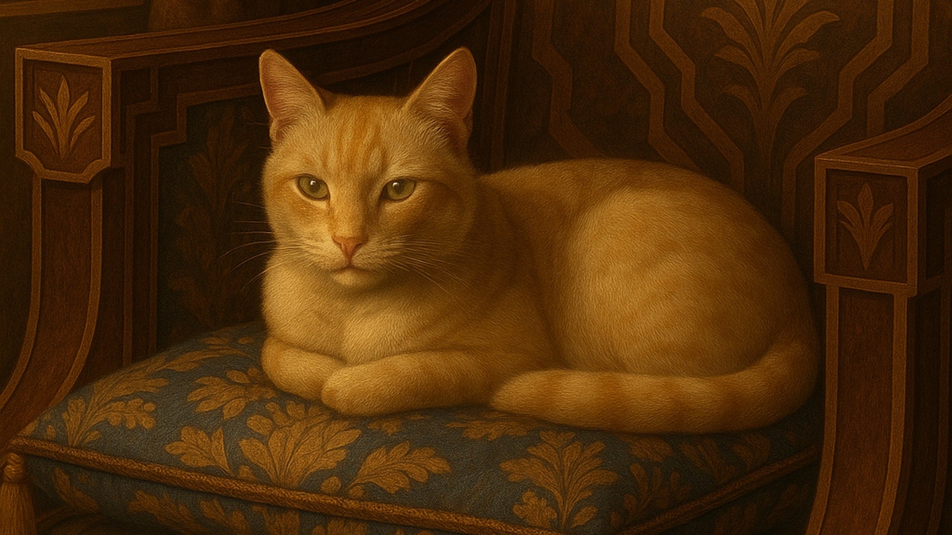 A serene orange tabby cat rests peacefully on a richly patterned cushion, surrounded by elegant vintage furniture. Ideal for the contact page of Gentle Purrs cat store, evokes calm, comfort and timeless feline charm.