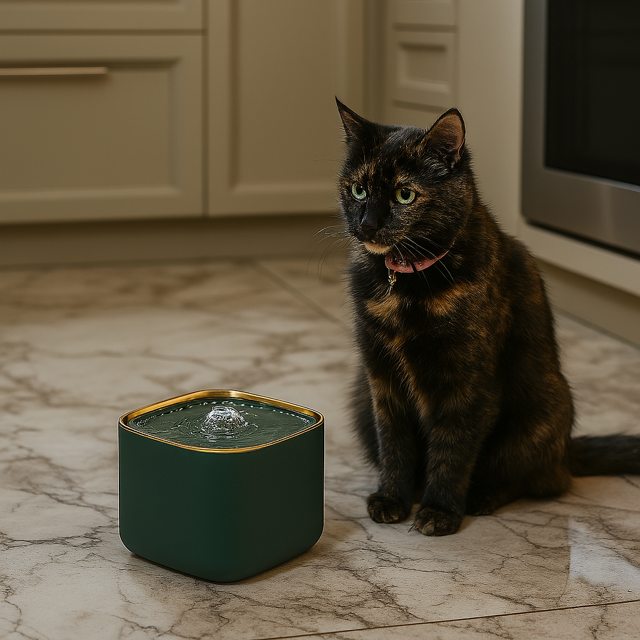 Cat sitting on a marble floor next to a green pet water fountain with a gold rim.