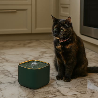 Cat sitting on a marble floor next to a green pet water fountain with a gold rim.