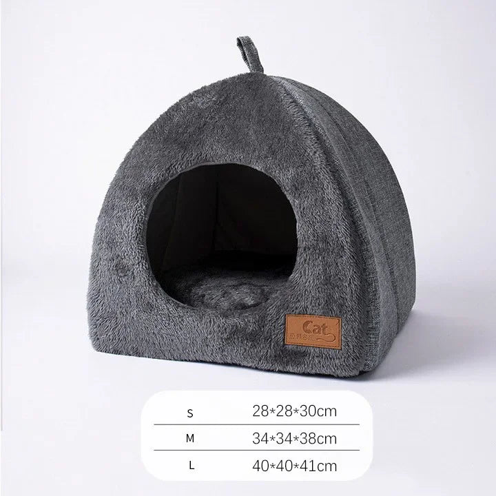 Grey cat cave house with removable pillow with measurements, displayed on a white background.