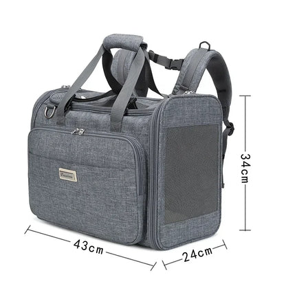 Grey pet carrier backpack with straps and dimensions on a white background