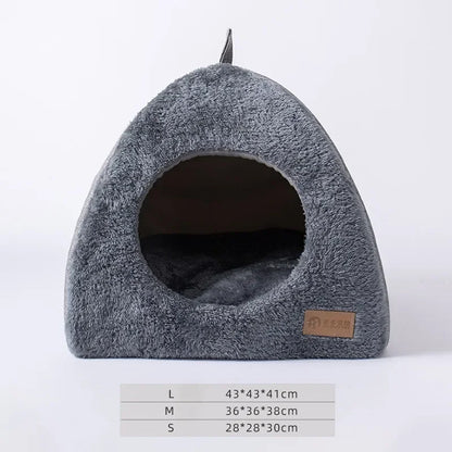 Front view of a grey cat cave house with sizes and measurements displayed on a white bacground.