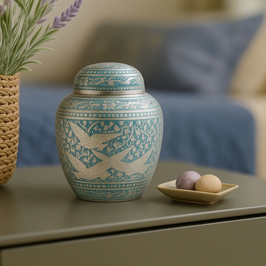 Angled view of blue and silver brass cremation urn for cats or dogs, showing engraved birds.