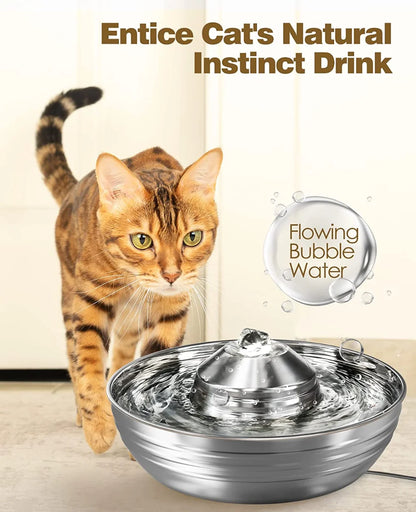 Cat drinking from a water fountain with text &